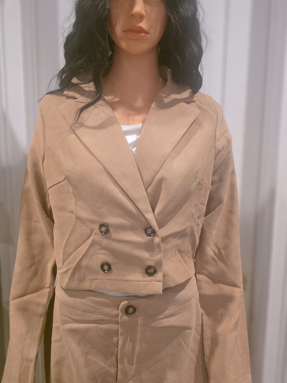 HYFVE Cropped Double-Breasted Blazer and Wide-Leg Pants - Tan - Picture 2 of 3
